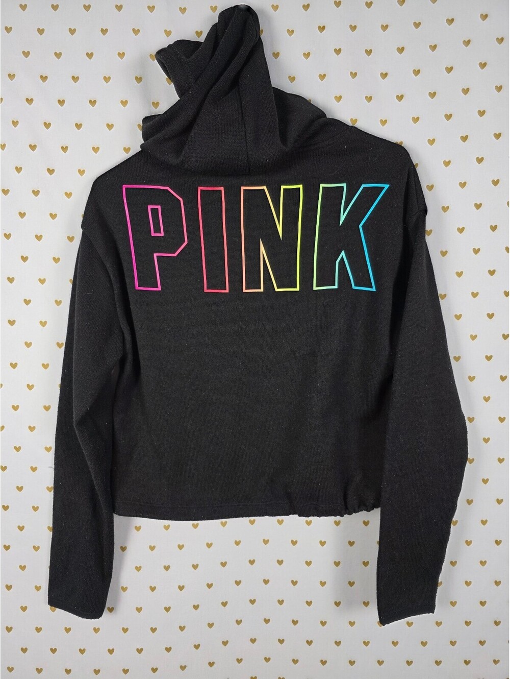 PINK Victoria's Secret Black Cropped Hoodie Rainbow Logo Back Drawstring Hem XS